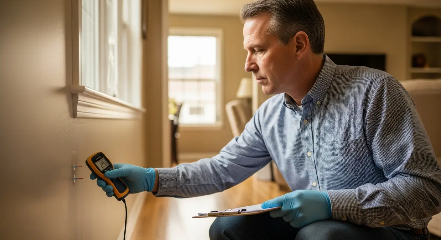Professional mold assessor using a moisture meter to inspect a wall during an independent mold assessment