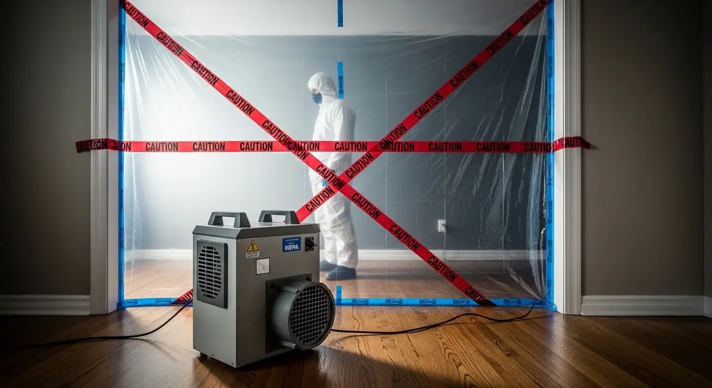 Professional mold remediation containment setup with plastic sheeting barrier and HEPA air scrubber in a residential room