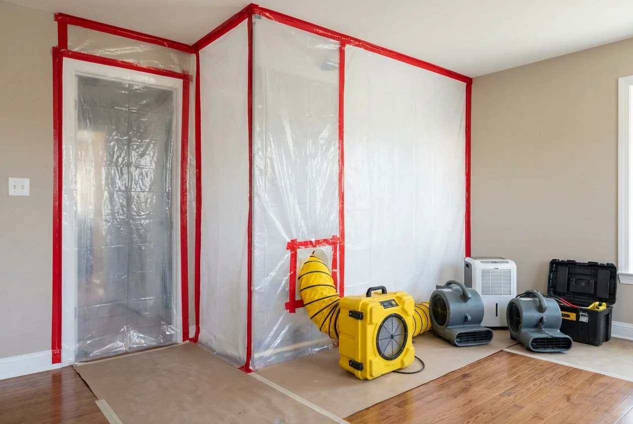 Professional mold containment setup with plastic sheeting and HEPA air scrubber