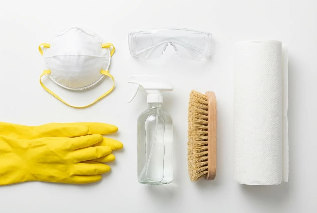 DIY mold cleaning supplies including N95 respirator, gloves, goggles, spray bottle, and scrub brush