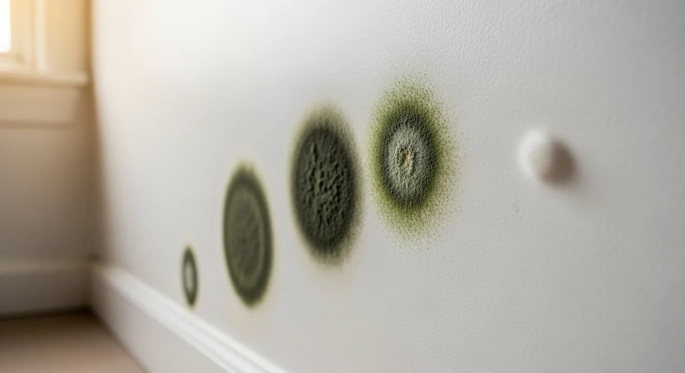 Different types of mold growth on a residential wall showing black, green, and white mold patches