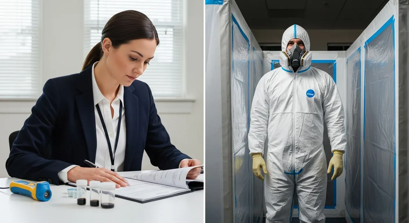 Split scene showing a mold assessor reviewing a report on one side and a remediation crew working on the other side
