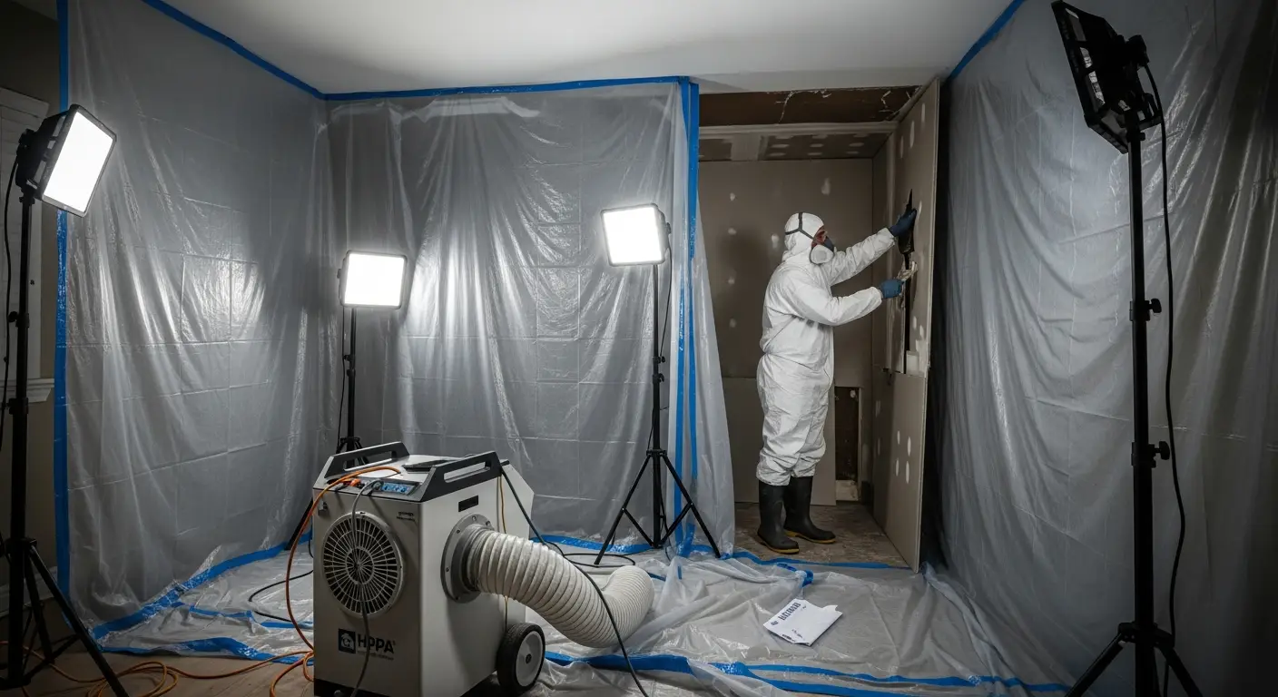 Full mold remediation containment setup with plastic sheeting barriers, HEPA air scrubber, and worker in protective Tyvek suit