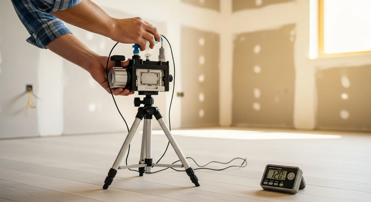 Mold assessor collecting an air sample with a cassette pump in a clean room after remediation is complete