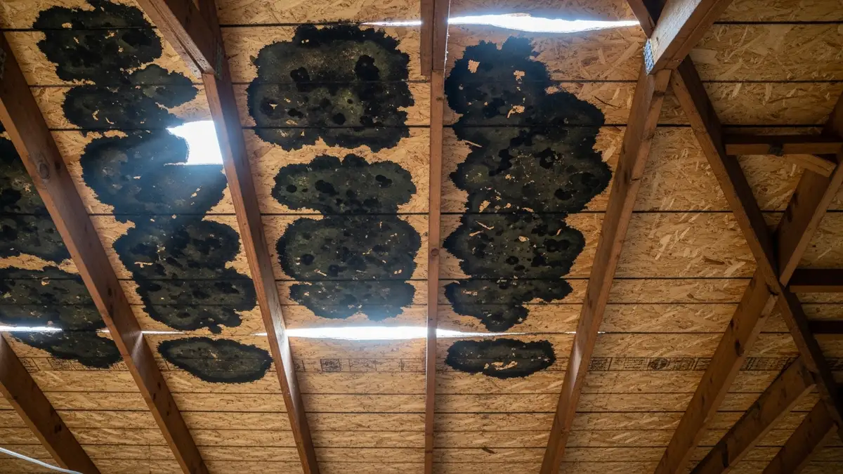 Dark mold growth on the underside of attic plywood roof sheathing