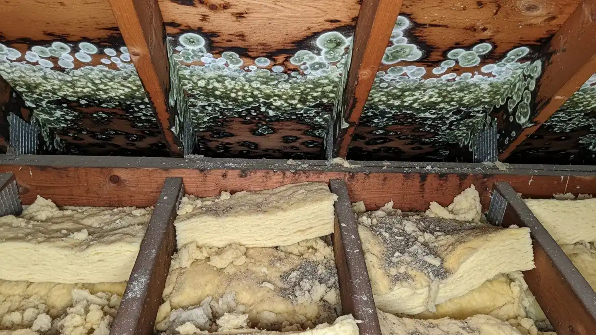 Mold discoloration on attic rafters and the underside of roof deck visible from inside the attic