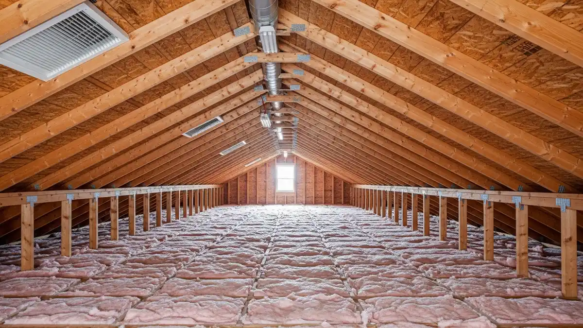 Clean attic interior with visible soffit intake vents and ridge exhaust vent providing balanced ventilation