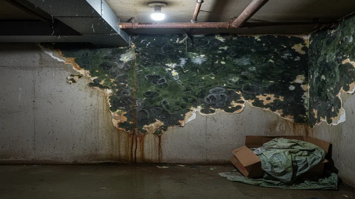 Dark mold patches growing on concrete and drywall walls in a residential basement