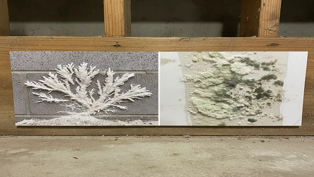 Side-by-side comparison showing white crystalline efflorescence on concrete versus fuzzy white and green mold growth on drywall