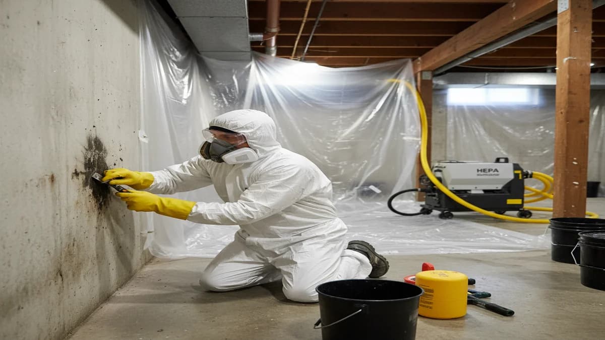 Professional mold remediation worker in full PPE with containment barriers and HEPA equipment in a basement