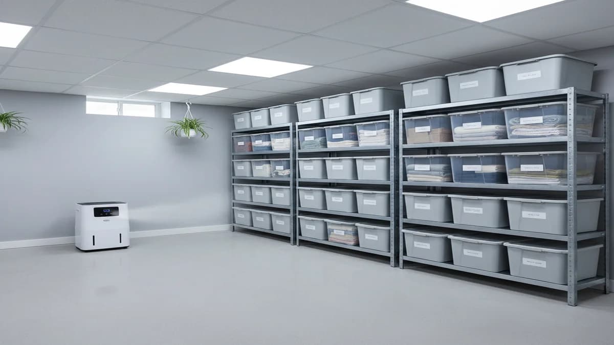 Clean dry basement with a dehumidifier running, sealed foundation walls, and organized storage on shelving