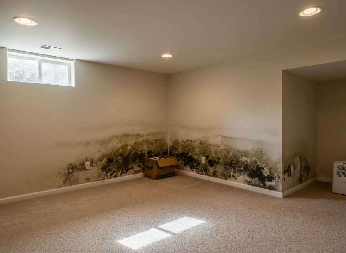Dark mold patches growing along the base of drywall walls in a finished Atlanta basement with carpet flooring