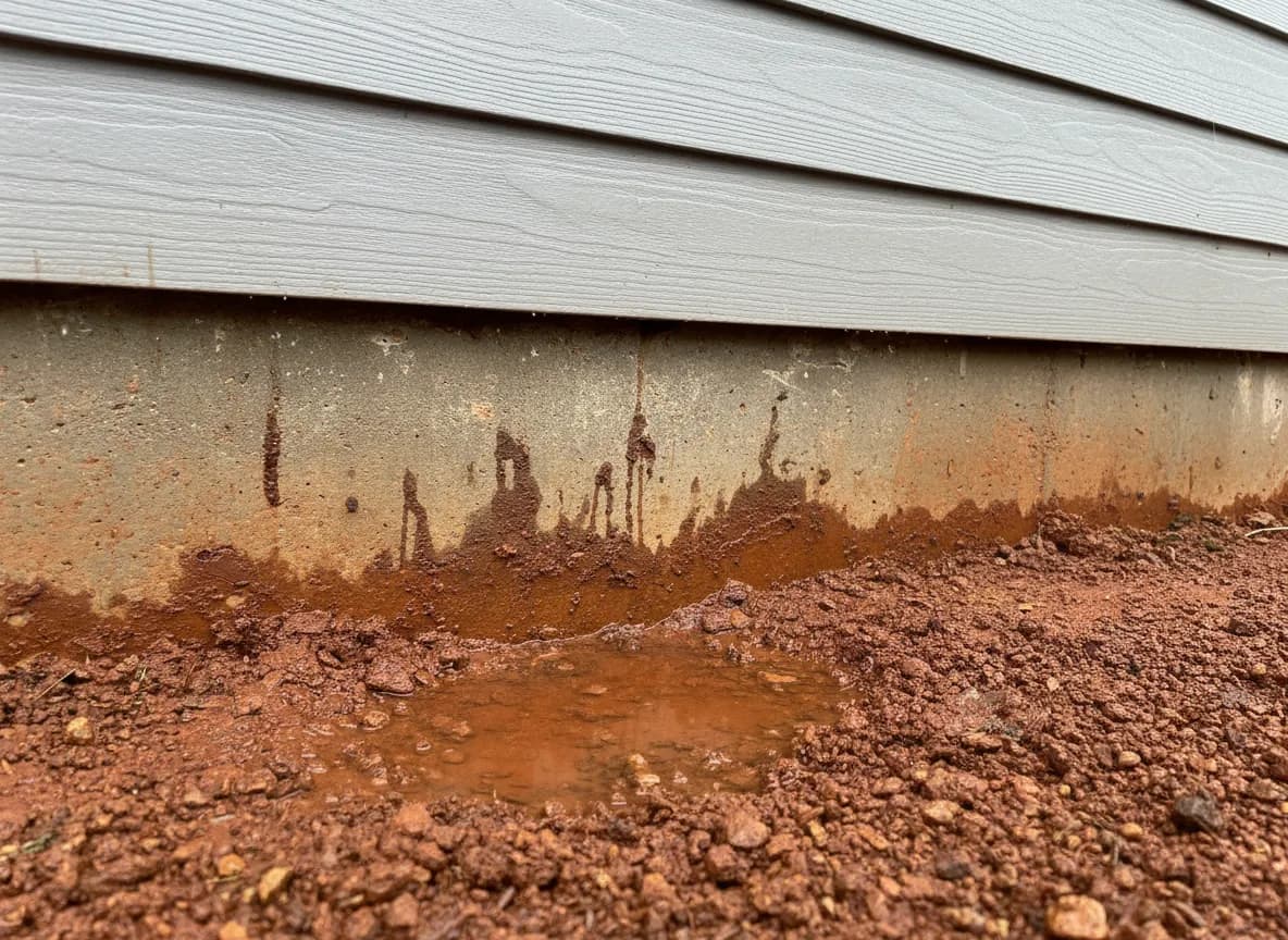 Saturated red Georgia clay soil with water pooling against a concrete home foundation wall