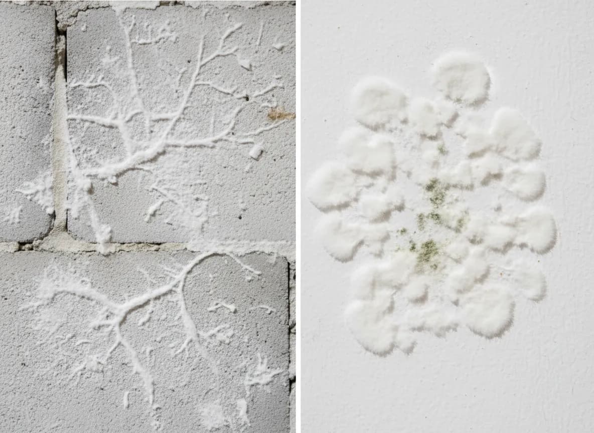 Side-by-side comparison of white crystalline efflorescence on concrete versus fuzzy white mold growth with green spots on drywall