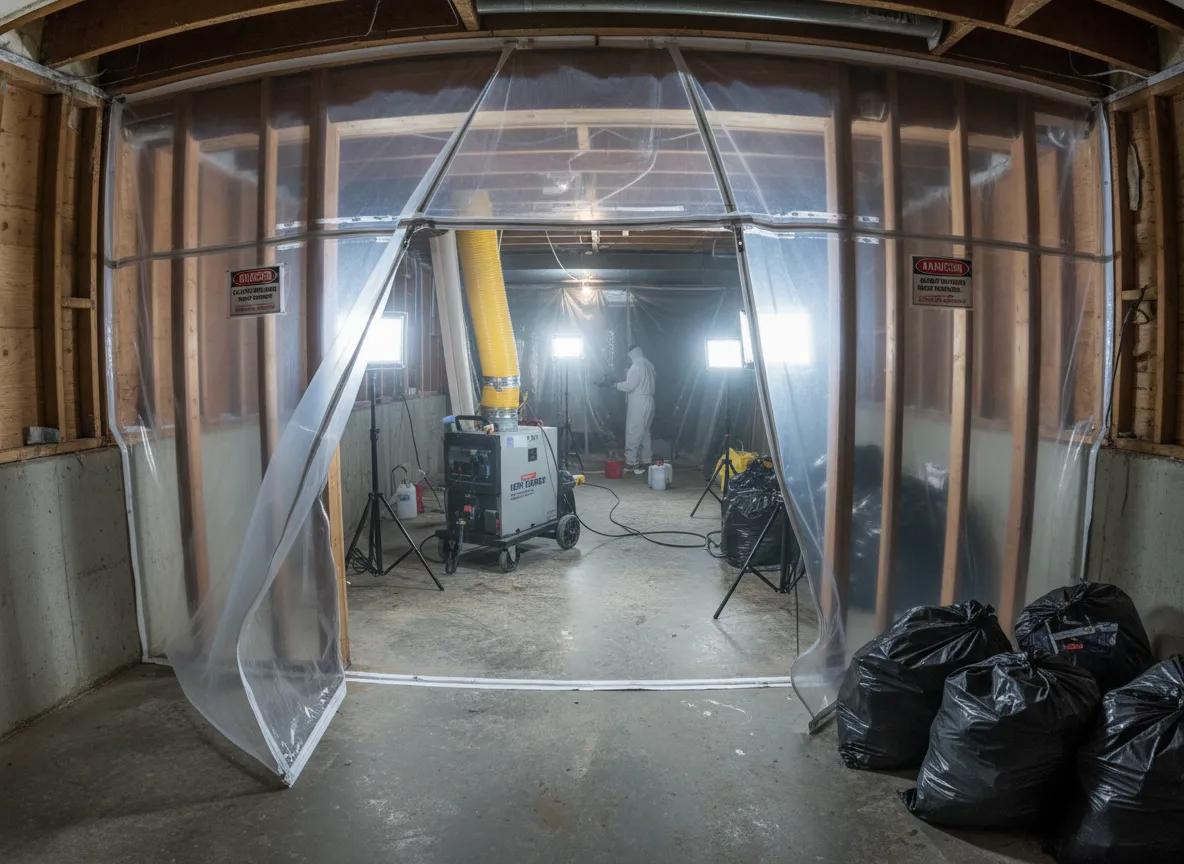 Professional mold remediation containment setup in a basement with plastic sheeting barriers and HEPA air filtration equipment