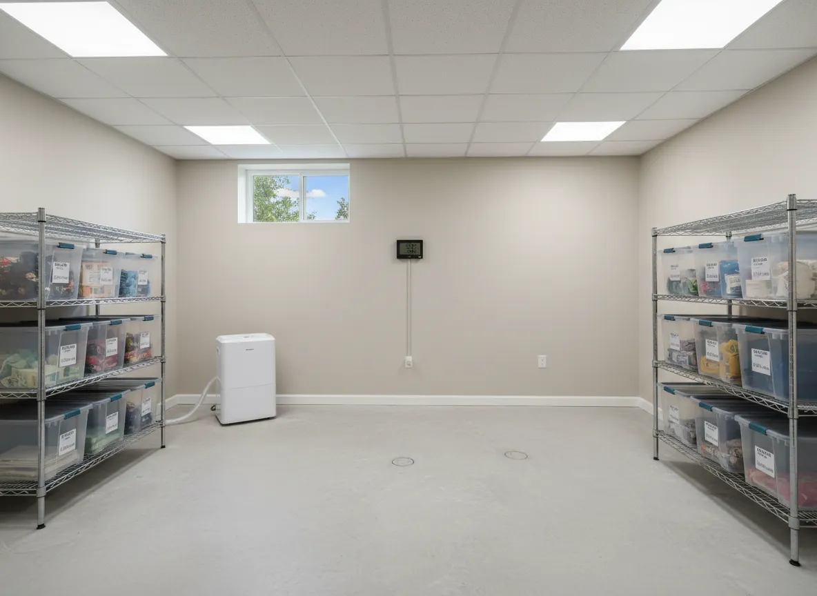 Clean dry basement after remediation with a dehumidifier running and organized storage on metal shelving