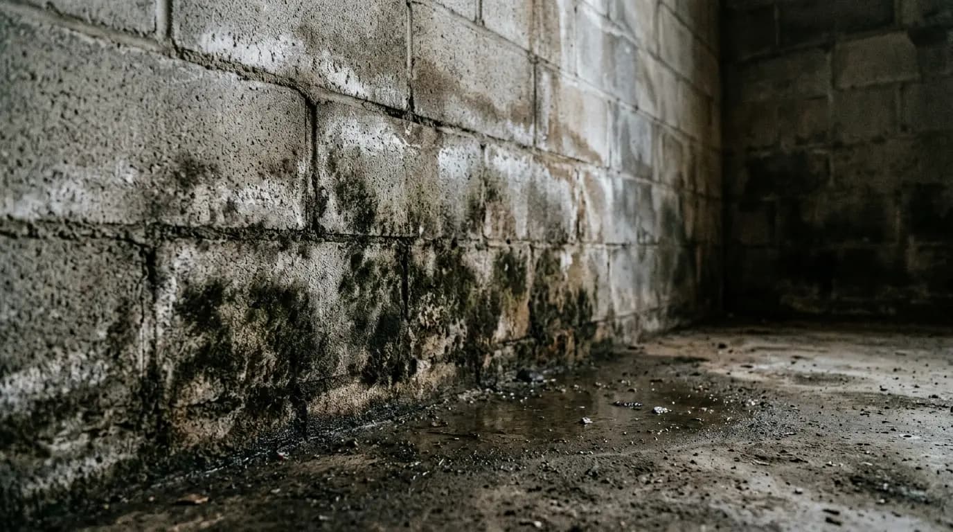 Mold growth on concrete block walls near the floor of an unfinished Augusta basement with visible water staining