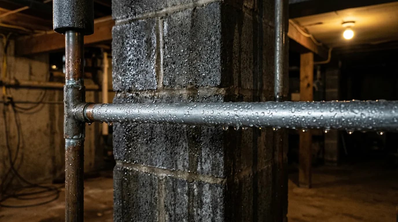 Condensation on concrete block walls and pipes in an Augusta basement showing moisture buildup from summer humidity