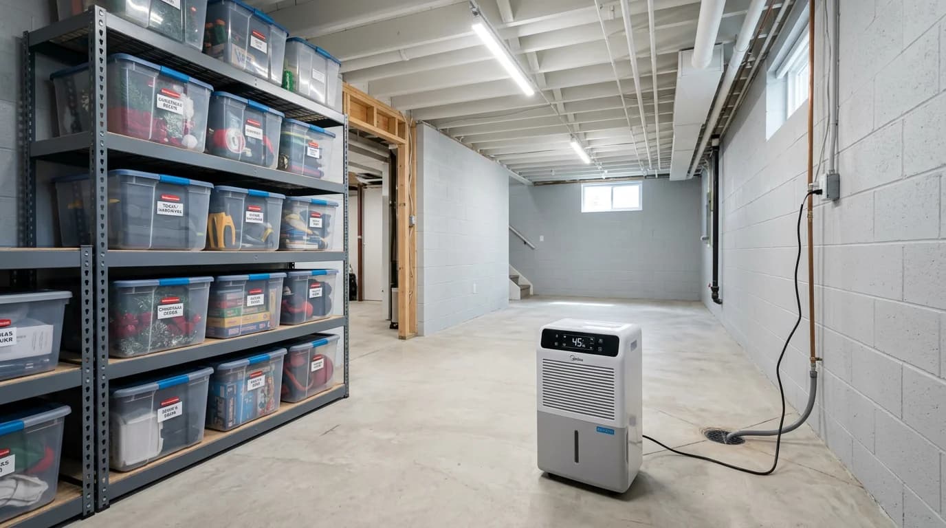 Clean dry Augusta basement with a running dehumidifier, wall-mounted hygrometer reading 45% humidity, and organized storage on metal shelving