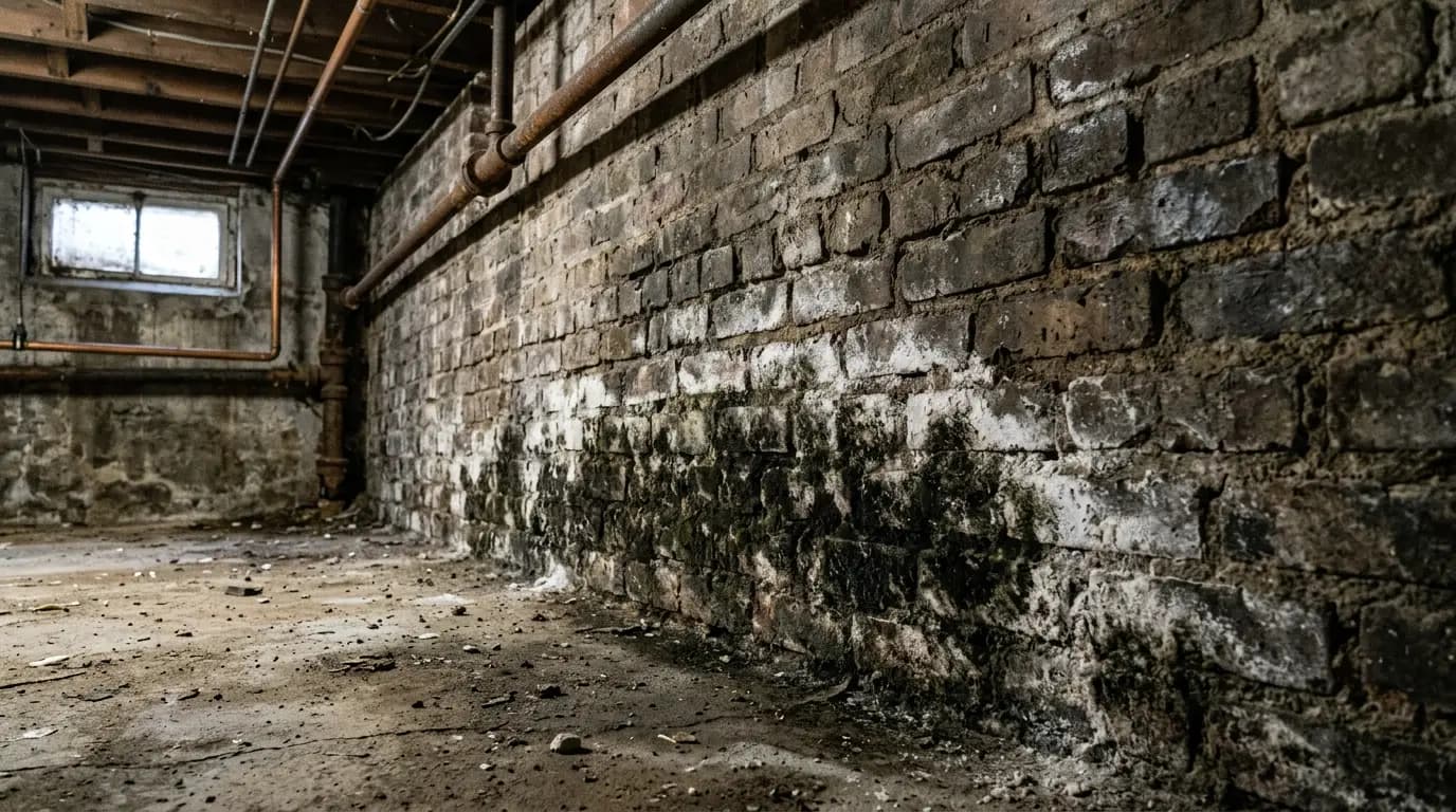 Dark mold growth along the base of a brick foundation wall in a historic Savannah home basement with efflorescence staining