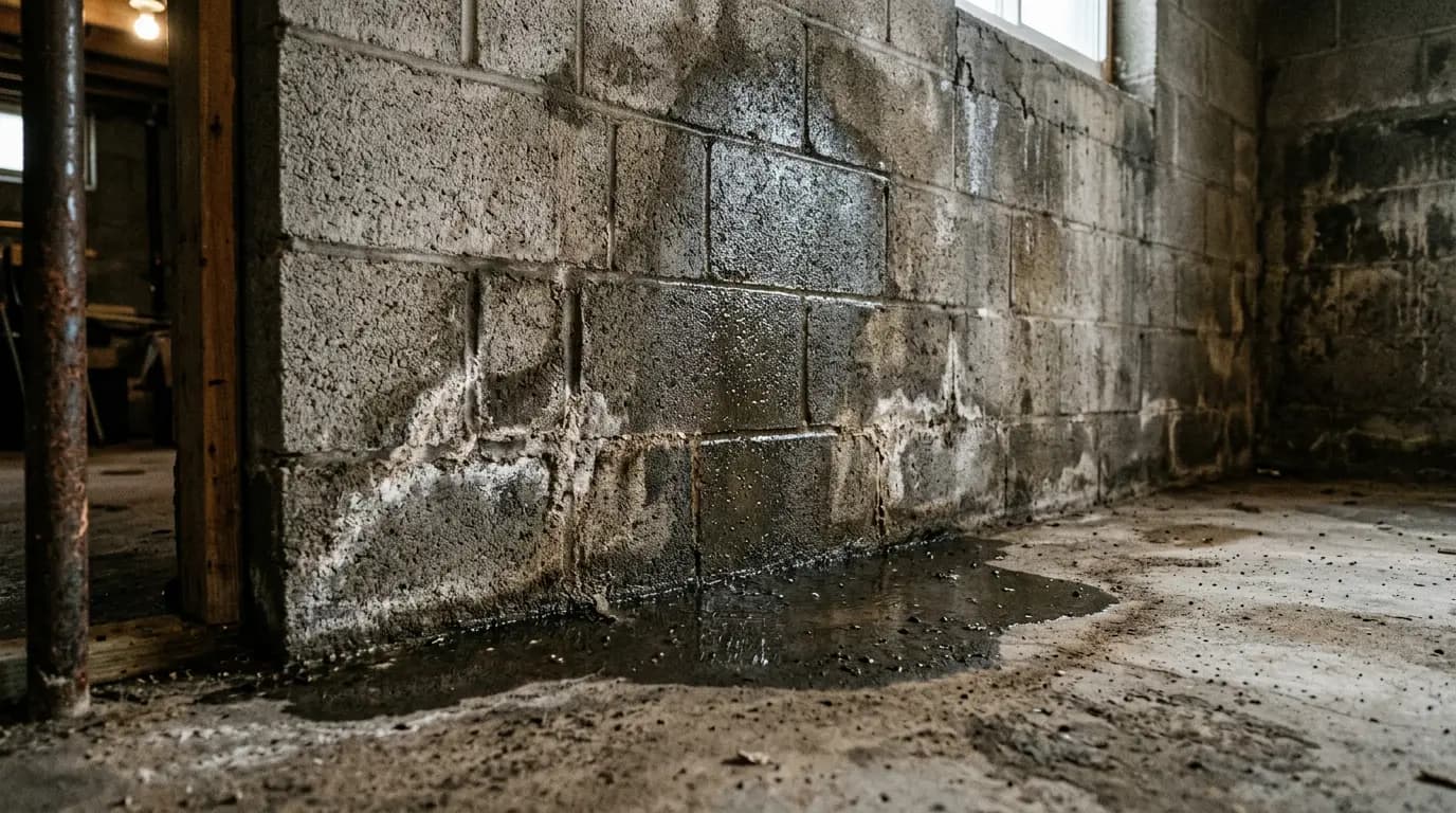 Water seeping through the base of a concrete block foundation wall in a Savannah basement, leaving mineral staining and damp patches