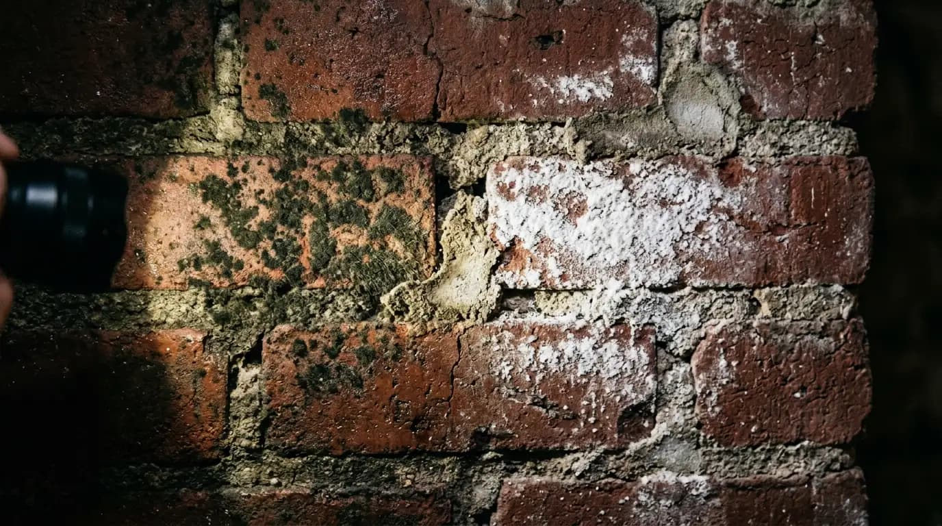 Close-up of dark mold growth and white mineral efflorescence on an old brick basement wall in a Savannah historic home