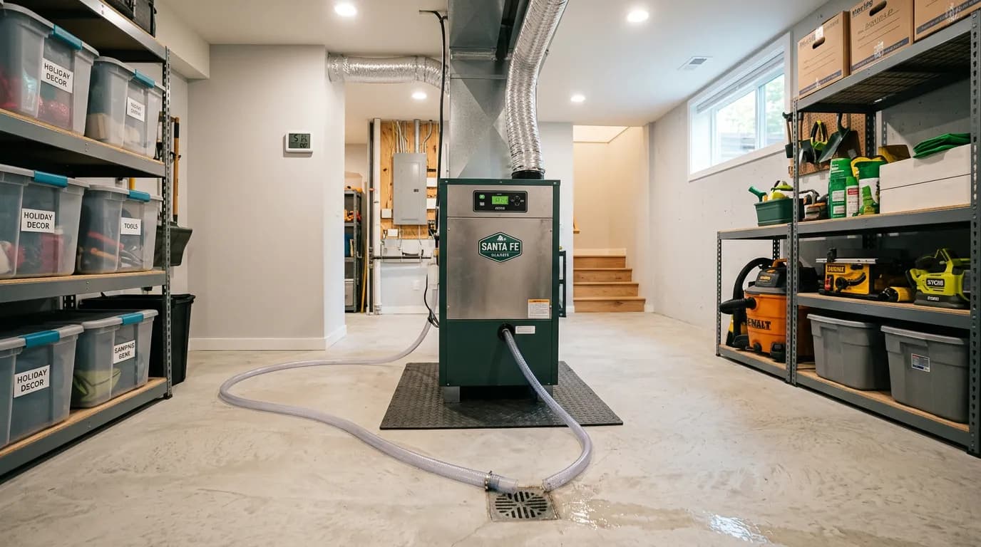Whole-house dehumidifier installed in a clean Savannah basement with drainage hose running to a floor drain