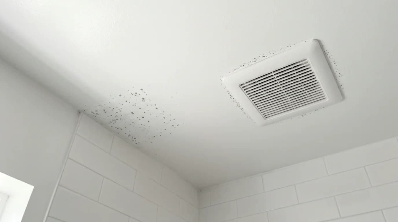 Light speckled mold dots on a white bathroom ceiling, concentrated in the corner above the shower and around the exhaust fan grille.