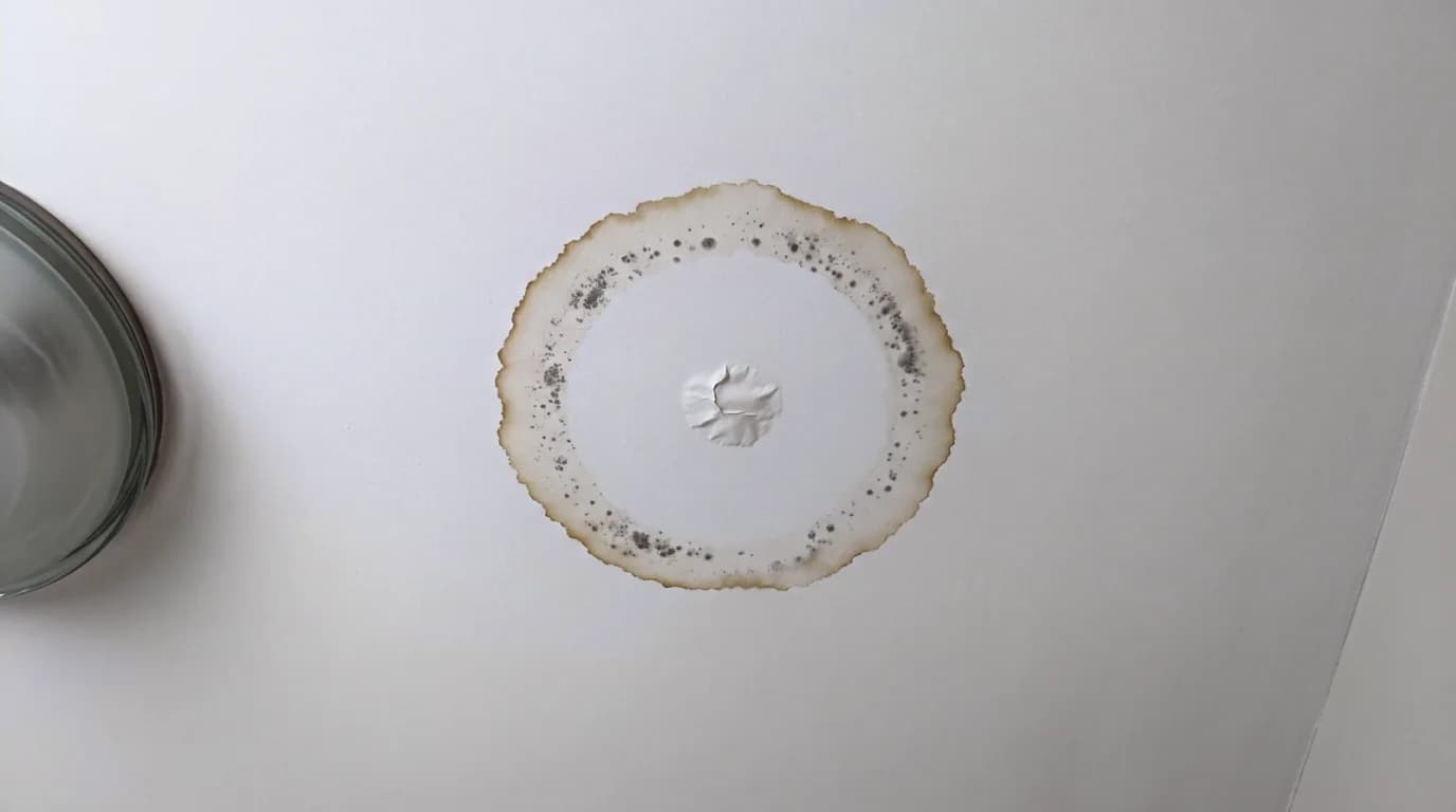 A single tan water ring on a white bathroom ceiling with gray mold speckling inside the rim and a small paint blister at the center.