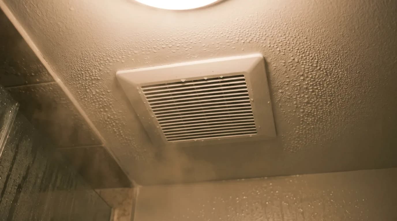Steam drifting toward a running bathroom exhaust fan grille, with condensation beads visible on the ceiling paint around it.