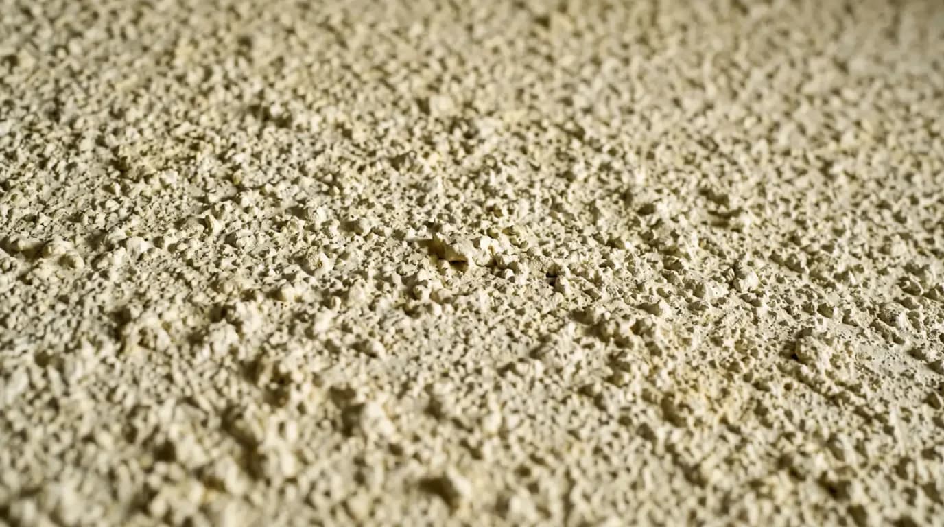 Close view of an aged popcorn-textured ceiling surface in raking light, showing the bumpy spray-applied texture.