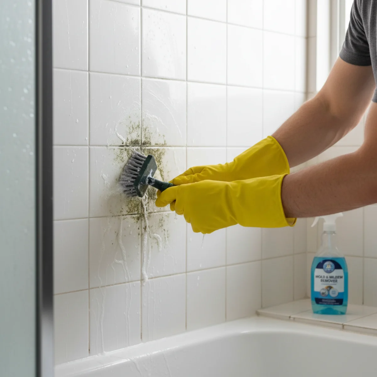Person wearing rubber gloves scrubbing mold from shower tile with a stiff cleaning brush