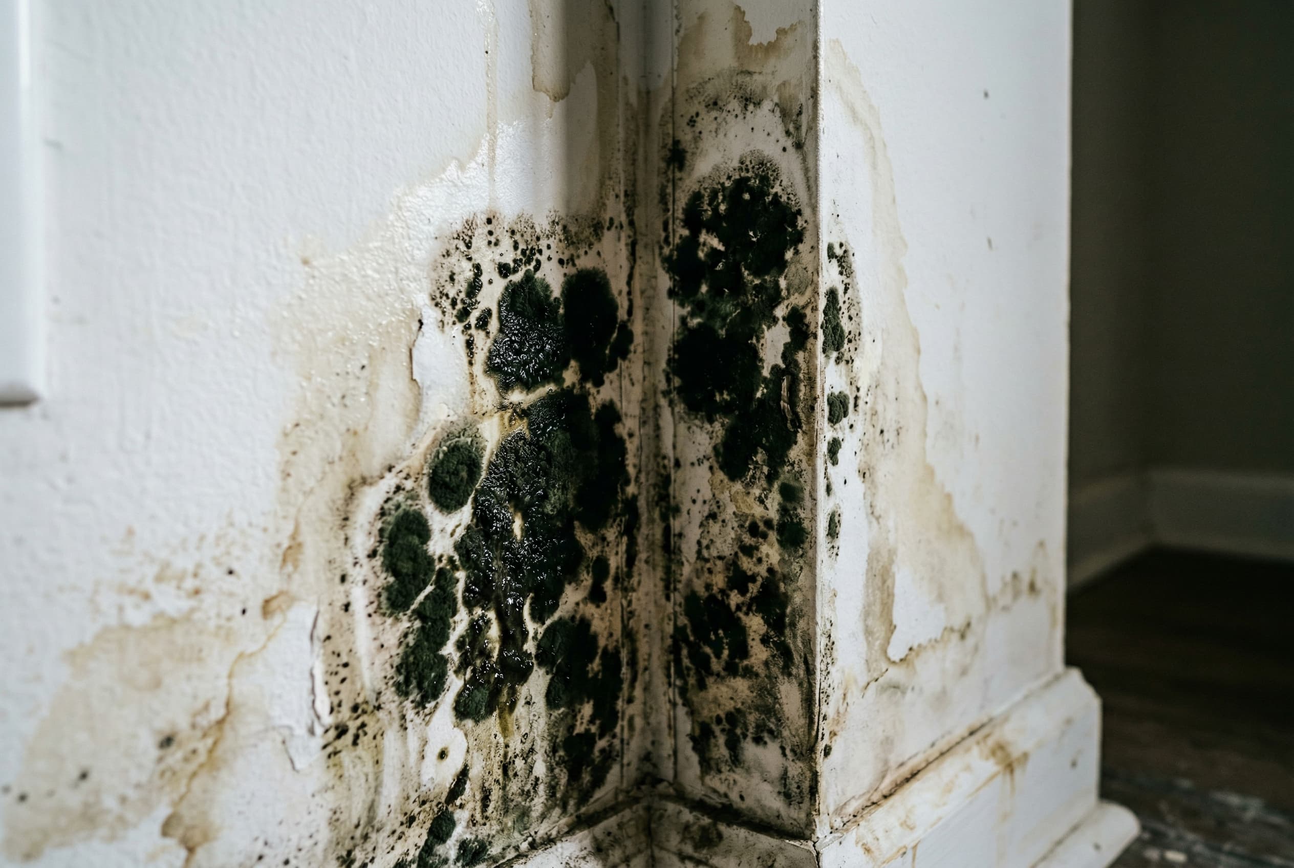 Dark greenish-black mold (Stachybotrys chartarum) growing on white drywall near a corner with visible water damage staining