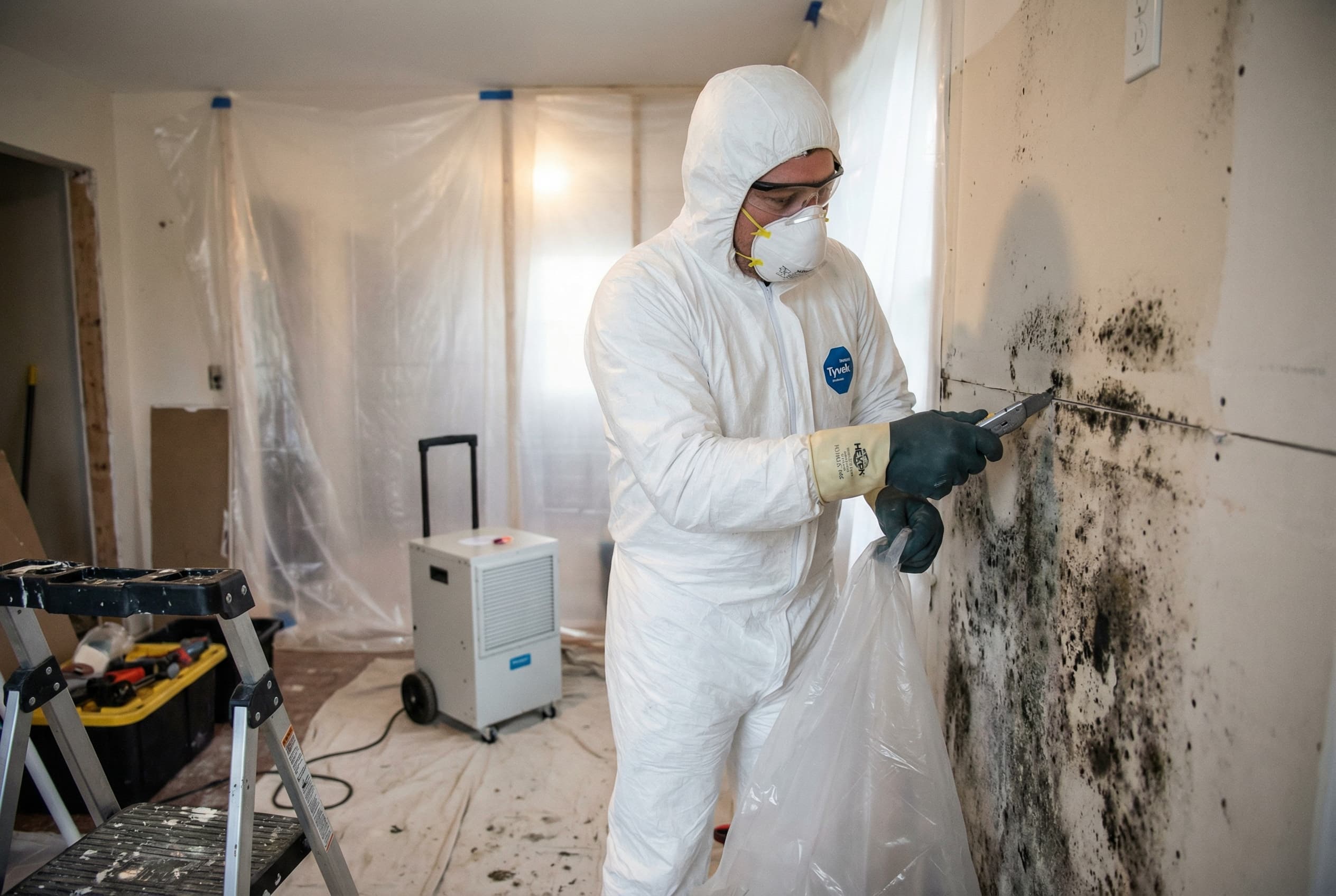 Professional mold remediation worker in full PPE including Tyvek suit, N95 respirator, and goggles removing contaminated drywall inside a containment area with plastic sheeting