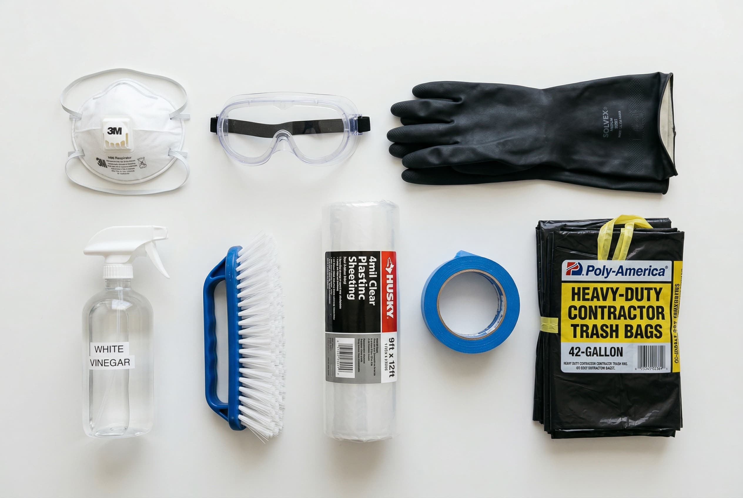 Flat-lay of DIY mold removal safety equipment: N95 respirator, safety goggles, rubber gloves, spray bottle with vinegar, scrub brush, plastic sheeting, painter's tape, and trash bags