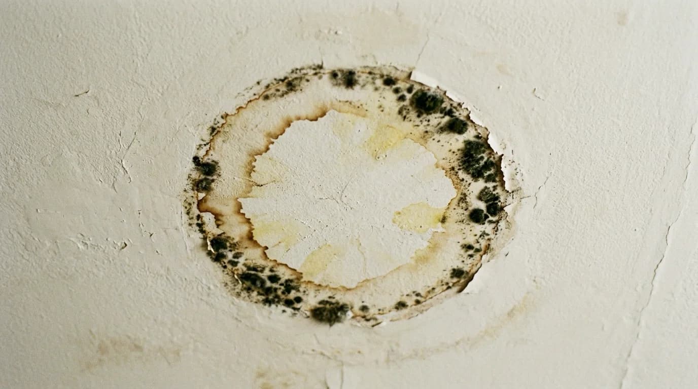 A ceiling with a defined brown and yellow water-leak ring and dark mold growing around its outer edge, the classic roof-leak pattern.
