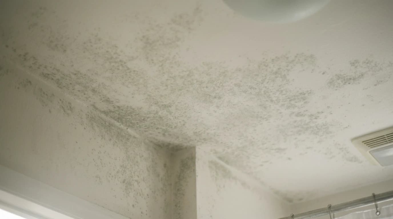 A bathroom ceiling hazed with diffuse gray-green humidity mold spreading from the corner, with an exhaust fan vent and light fixture visible.