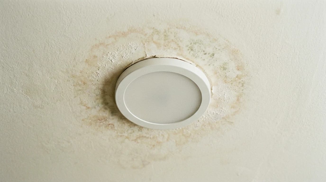 A ceiling light fixture ringed by a brown and yellow discoloration spreading outward, ambiguous between a dried water stain and mold.