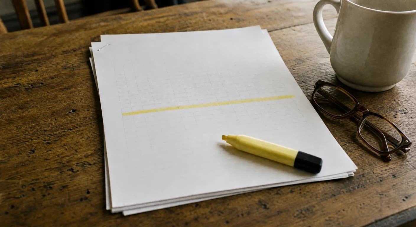 Stapled printed pages of a mold lab report on a kitchen table, one row marked with yellow highlighter, beside a mug and folded reading glasses.