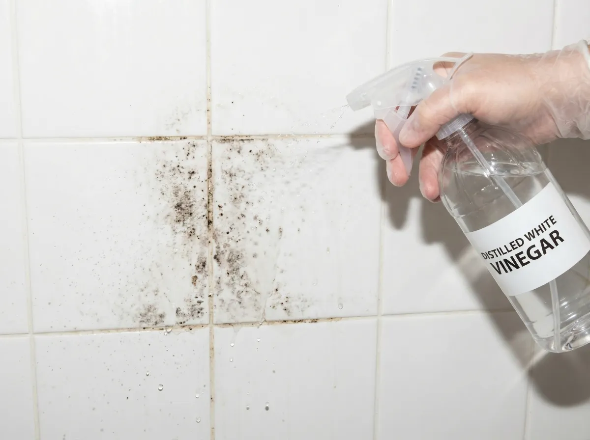 Spraying undiluted white vinegar from a spray bottle onto mold spots on bathroom tile grout