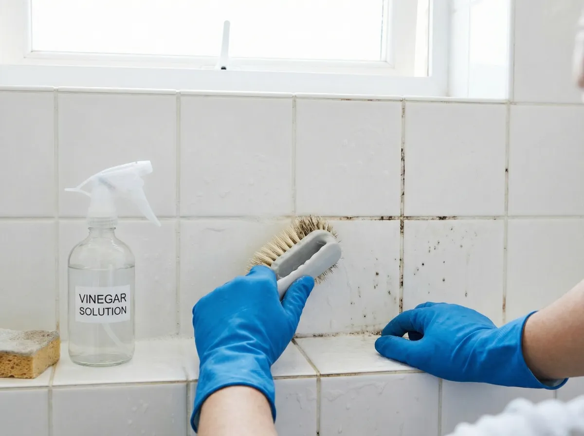 Person wearing rubber gloves scrubbing bathroom tile grout with a brush after vinegar treatment