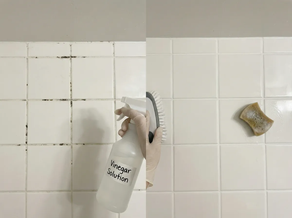 Before and after comparison of bathroom tile grout: dark mold on left, clean white grout on right after vinegar cleaning