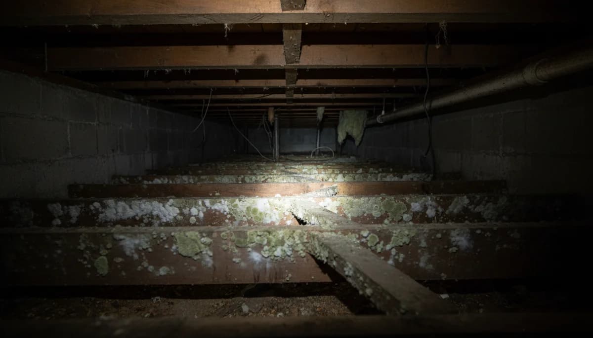 Mold-covered floor joists and subflooring in a dim crawl space illuminated by a flashlight