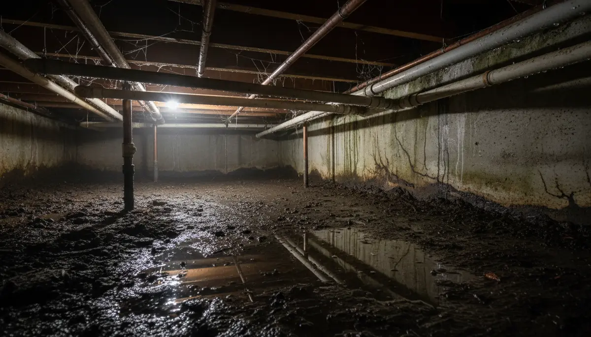 Damp crawl space with visible condensation on pipes, wet soil, and standing water near the foundation wall