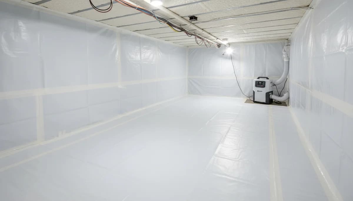 Clean, bright encapsulated crawl space with white vapor barrier covering floor and walls and a dehumidifier running