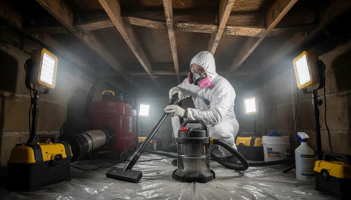 Worker in Tyvek suit and respirator performing mold remediation in a low-clearance crawl space with HEPA vacuum and work lights