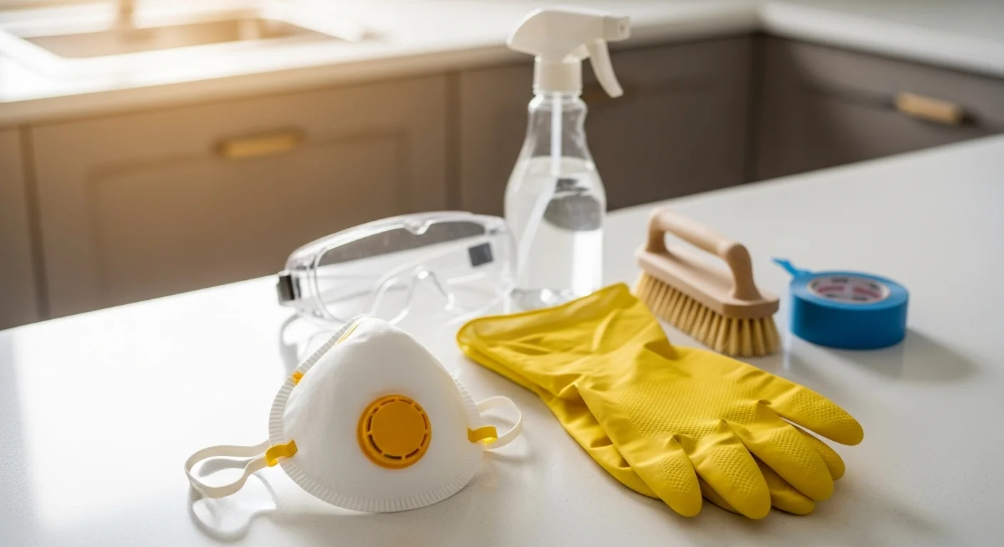 DIY mold removal supplies including N95 respirator, rubber gloves, safety goggles, spray bottle, and scrub brush arranged on a clean counter