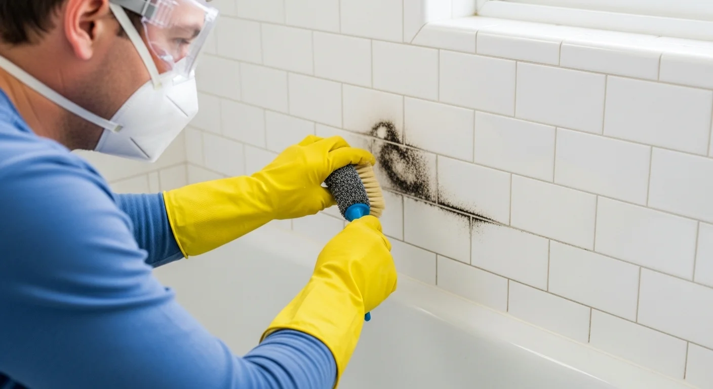 Homeowner wearing N95 respirator, safety goggles, and rubber gloves scrubbing mold from bathroom tile