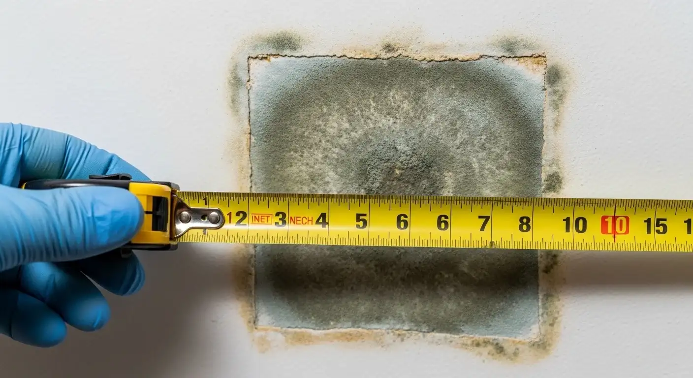 Tape measure held against a wall next to a patch of mold growth showing the 10 square foot size reference