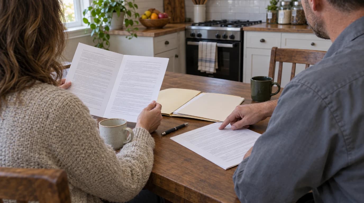 Homeowner reviewing a mold contractor's license and insurance documents at a kitchen table during an in-home consultation